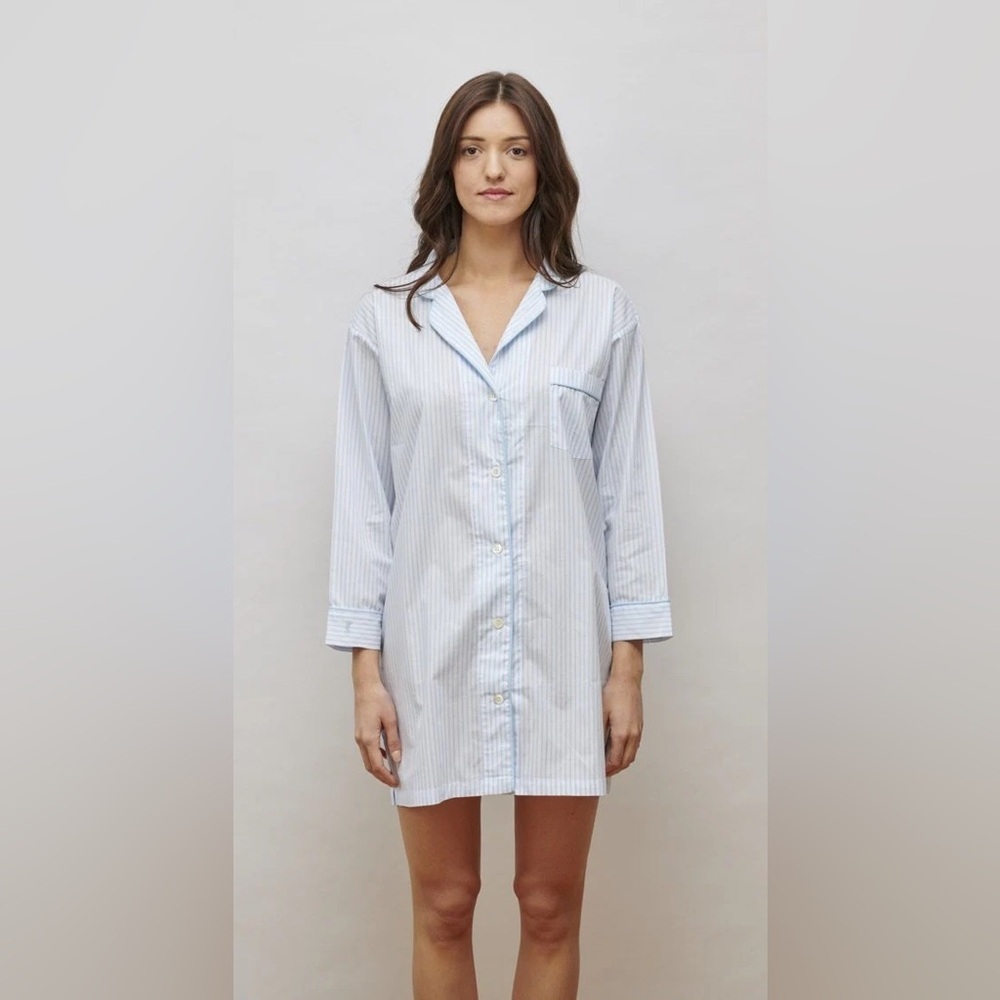 Marigot Blue White Striped Button Front Long Sleeve Cotton Pajama Top large